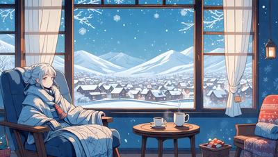 The primary subject of the image is a person sitting in a chair, looking out the window at a snowy landscape. The setting is a cozy indoor space, possibly a living room, with a table and a cup of coffee nearby. The visual style is a combination of digital art and illustration, creating a warm and inviting atmosphere. The colors and mood are predominantly cold and serene, with the snowy landscape and the person's gaze out the window contributing to the overall ambiance.